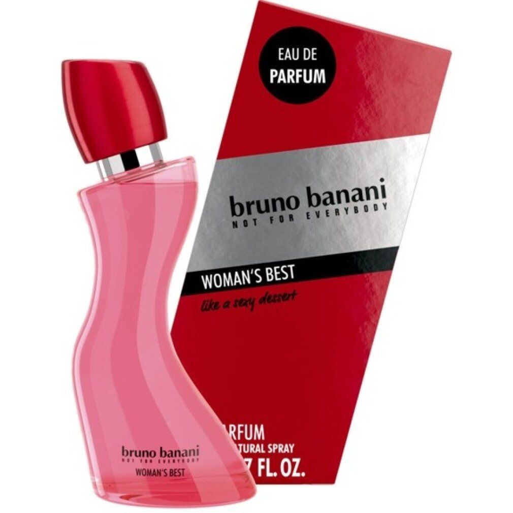Rosa Flakon mit rotem Verschluss und roter Verpackung. Aufschrift: Bruno Banani Woman's Best Eau de Parfum.