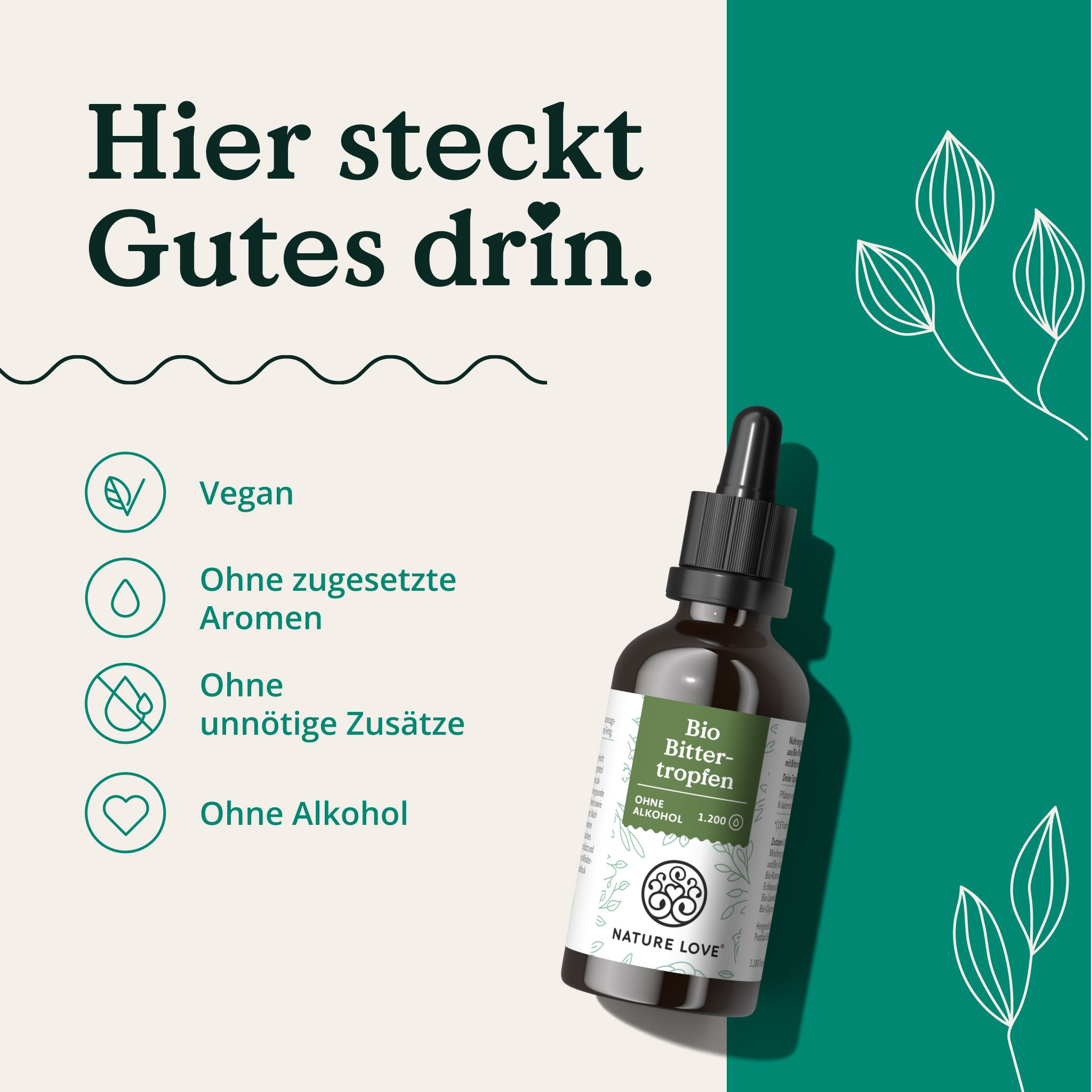 Produktflasche mit Pipette. Text: "Hier steckt Gutes drin." Logos: Vegan, Ohne zugesetzte Aromen, Ohne unnötige Zusätze, Ohne Alkohol.