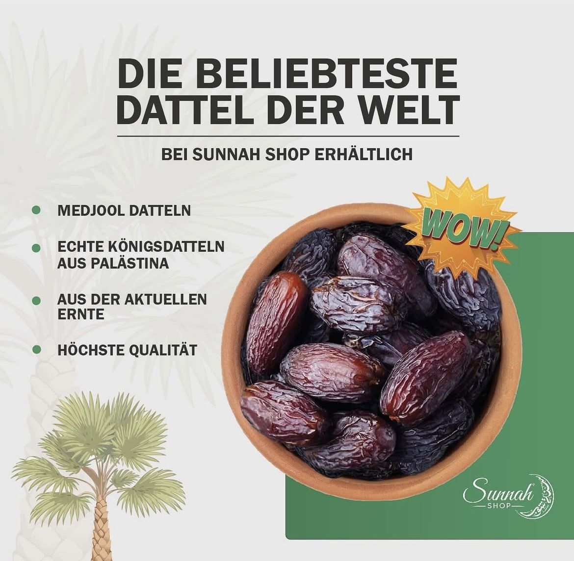 Schüssel mit Medjool-Datteln. Text: "Die beliebteste Dattel der Welt". Logo "Sunnah Shop".