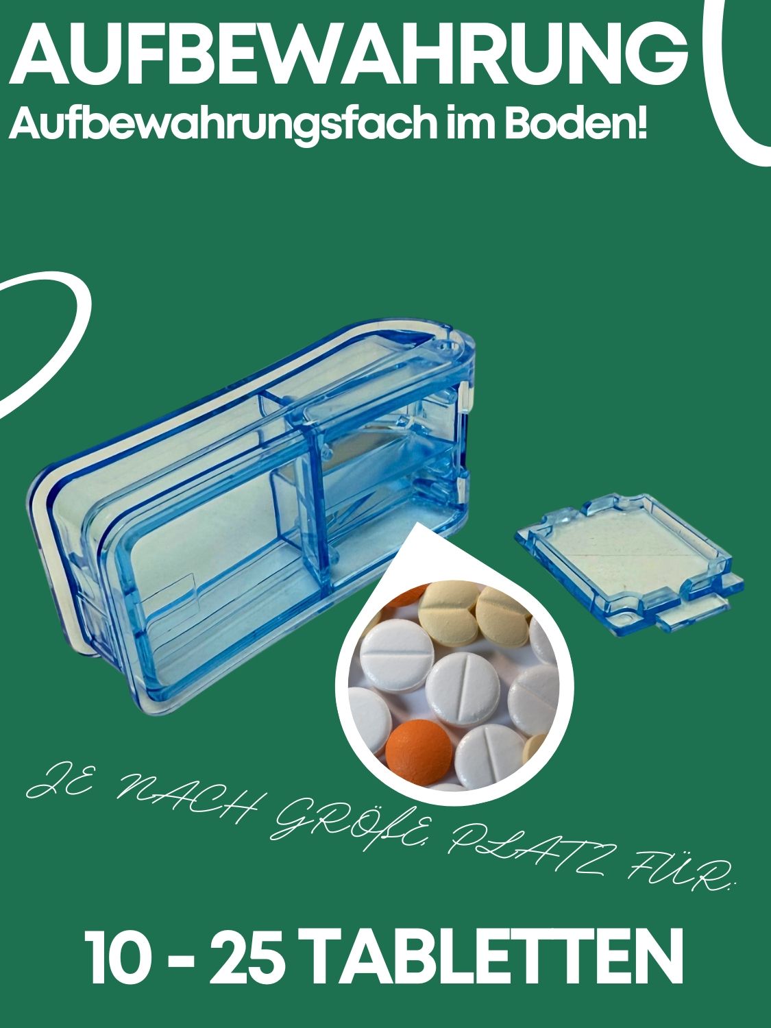 Blauer Tablettenschneider mit Tabletten. Aufbewahrungsfach für 10-25 Tabletten. Blaues Kunststoffgehäuse.