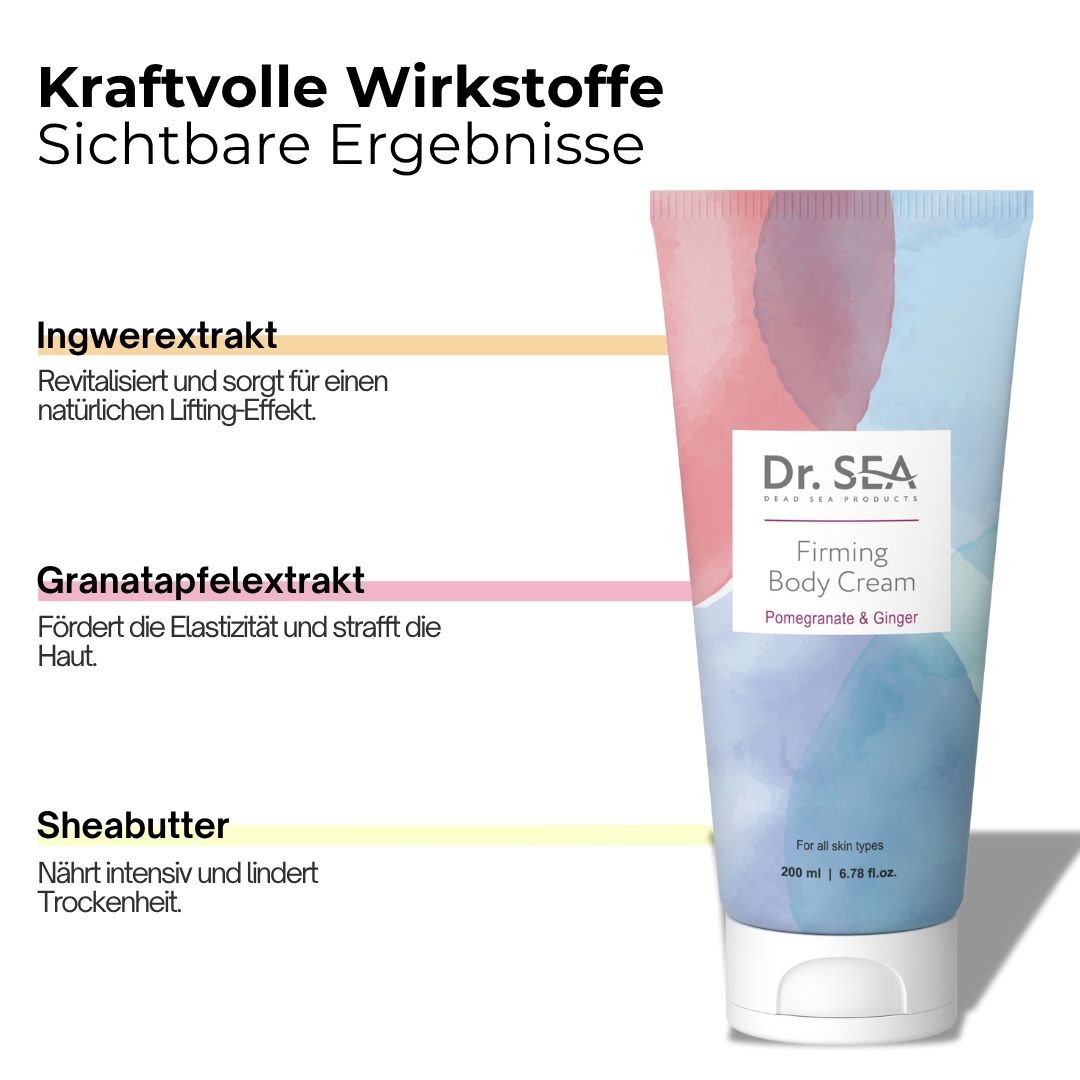 Körpercreme-Tube mit Text. Text: Dr. SEA, Firming Body Cream, Granatapfel & Ingwer. Inhaltsstoffe: Ingwer, Granatapfel, Sheabutter.