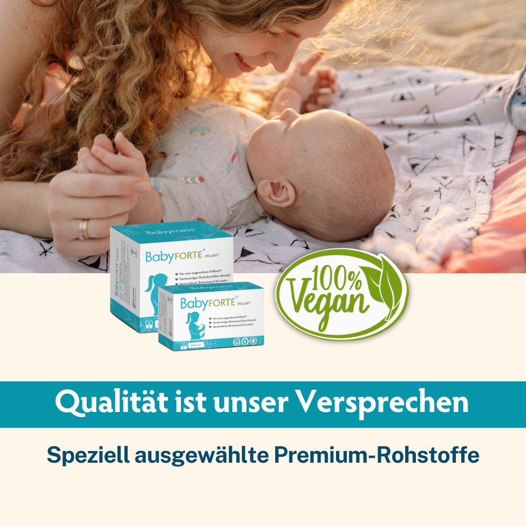 BabyFORTE Stillzeit Vitamine Verpackung mit 100% Vegan Siegel. Mutter mit Baby.