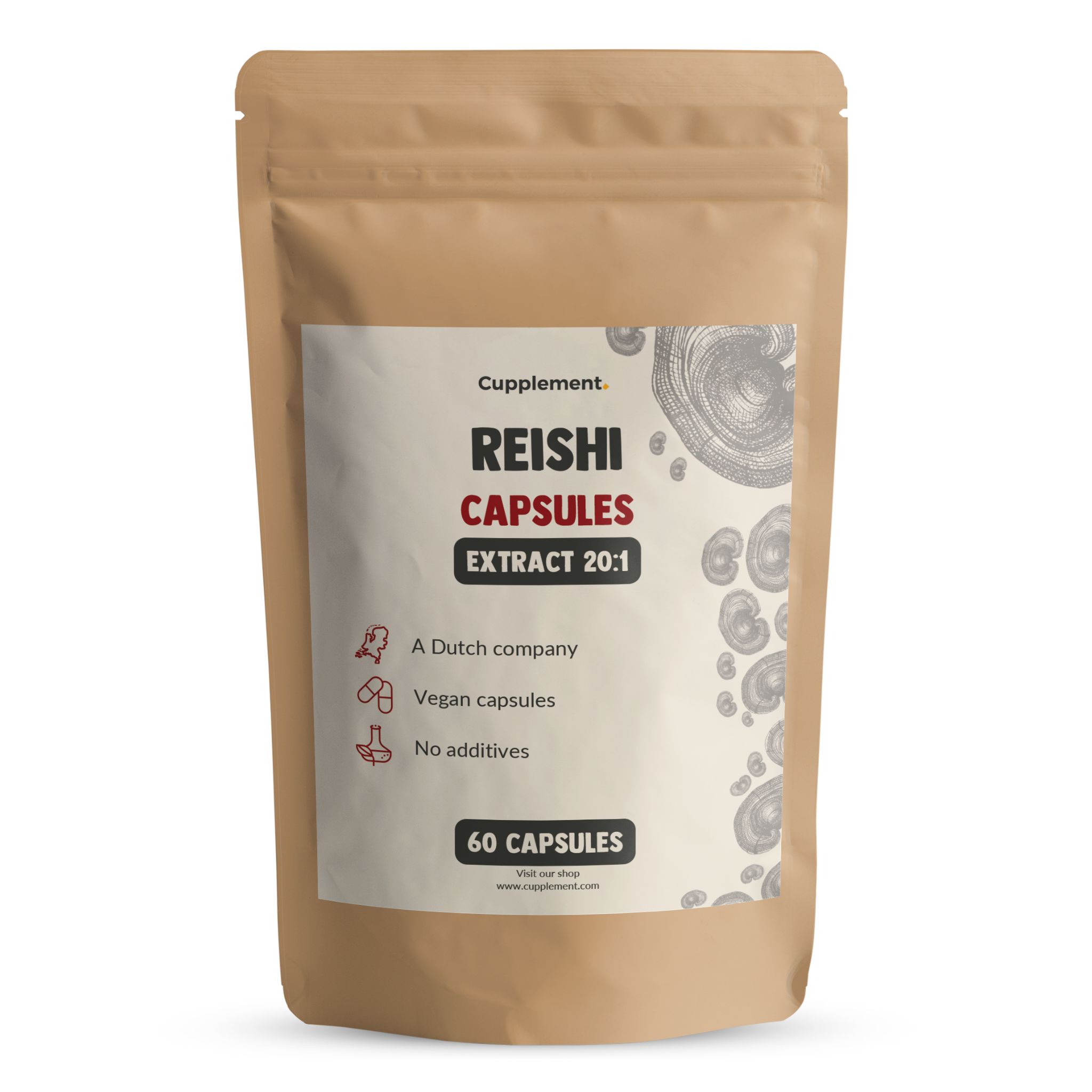Beutel mit Reishi-Kapseln. Aufschrift: Reishi Capsules Extract 20:1, 60 Kapseln. Vegan.