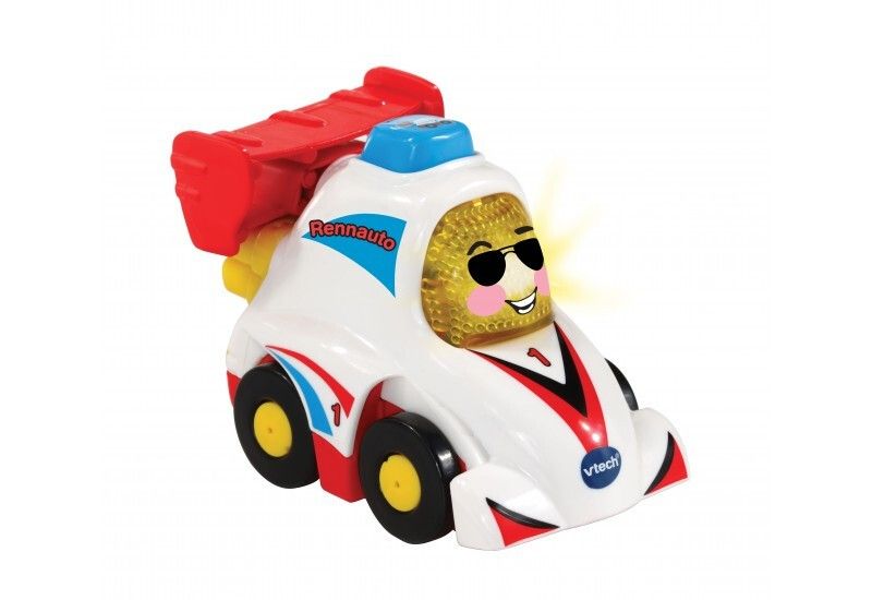 Weißes Spielzeug-Rennauto mit rotem Heckflügel, blauen und roten Akzenten. Gelbe Räder, schwarze Reifen. Aufschrift "Rennauto".