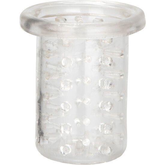 Transparenter Zylinder mit Noppen und Rand. Oberteil mit breitem, transparentem Rand.