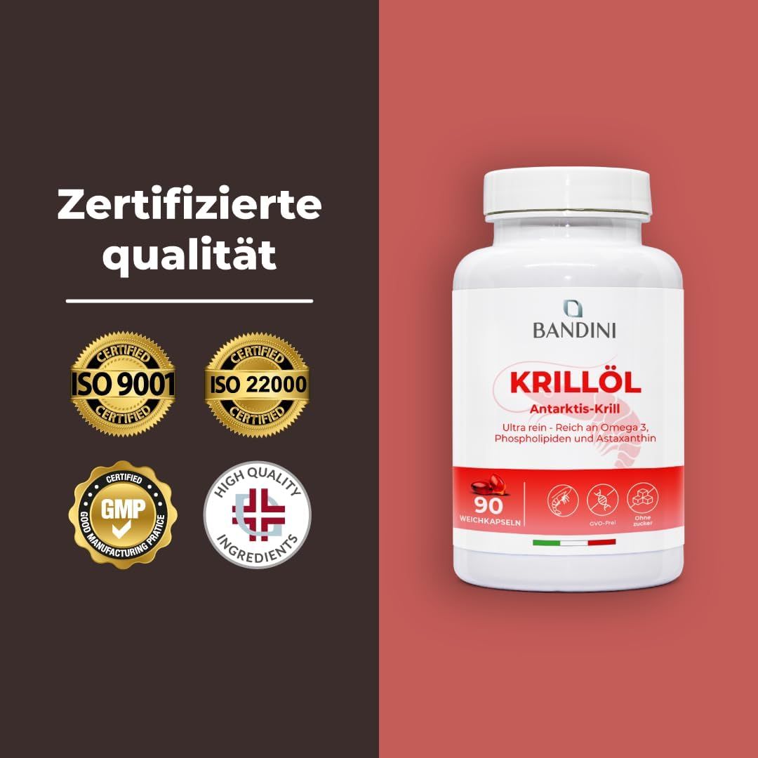 Weichkapseln-Dose mit Aufschrift Krillöl. Text: Zertifizierte Qualität. ISO 9001, ISO 22000, GMP, High Quality Ingredients.