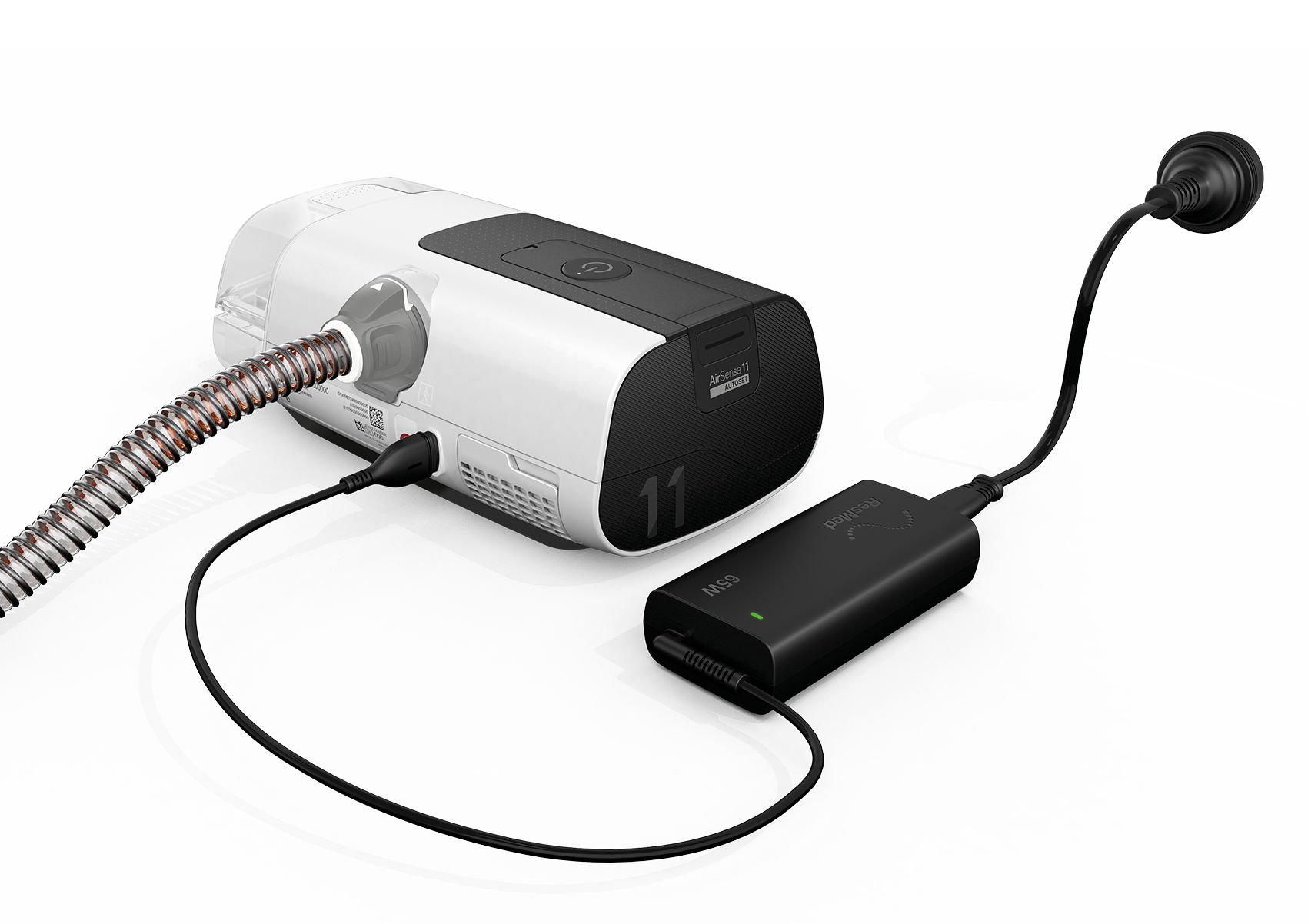 CPAP-Gerät mit beheizbarem Atemschlauch, Netzteil und Kabel.