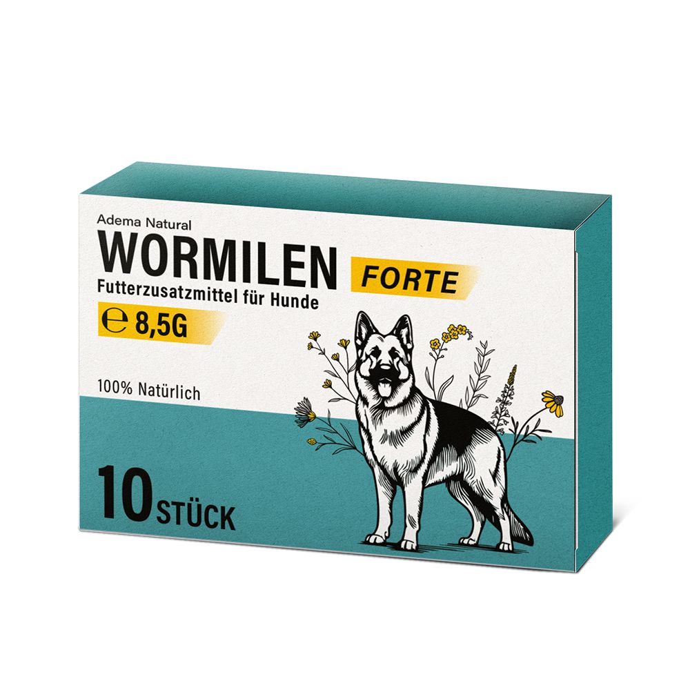 Karton mit "Wormilen Forte" für Hunde. Aufschrift: Futterzusatzmittel, 8,5g, 10 Stück. Abbildung eines Hundes.