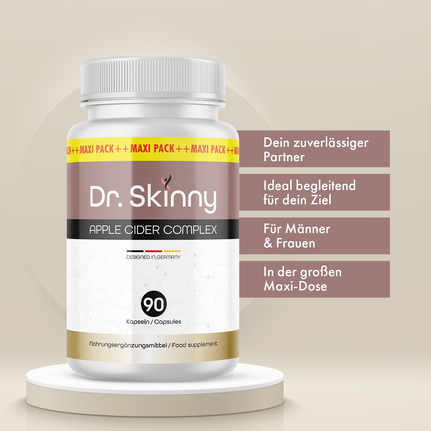 Eine Flasche mit Kapseln steht auf einem Podest. Auf der Flasche steht "Dr. Skinny Apple Cider Complex" und "90 Kapseln".