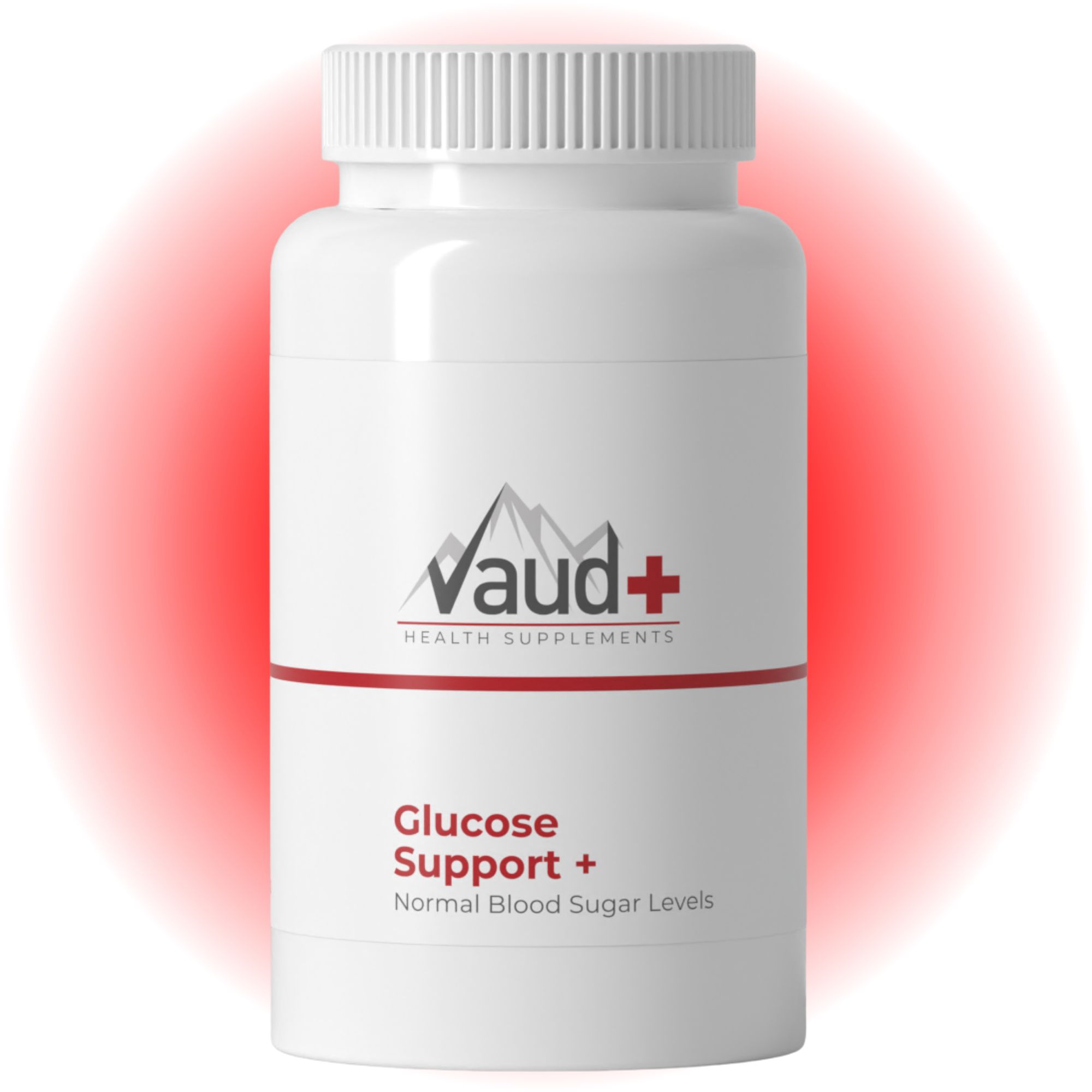 Weiße Flasche mit Schraubverschluss. Aufschrift: Vaud+ Health Supplements, Glucose Support +, Normal Blood Sugar Levels.
