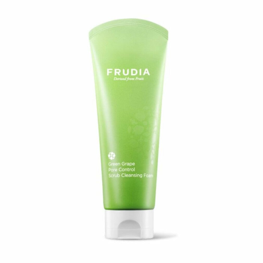 Grüne Tube mit weißem Verschluss. Aufschrift: FRUDIA. Text: Green Grape Pore Control Scrub Cleansing Foam.