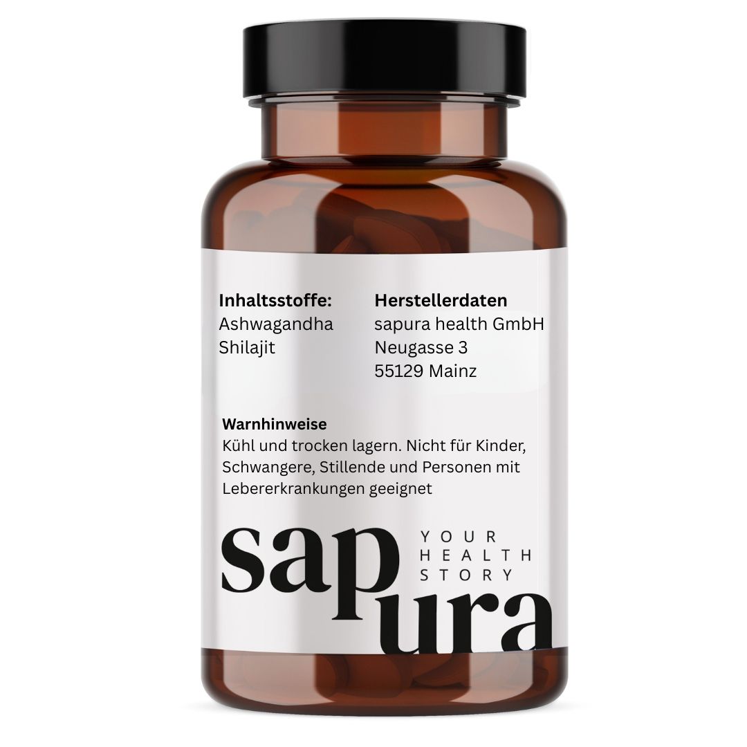 Braune Kapseln in einer braunen Glasflasche mit schwarzem Deckel. Weißes Etikett mit Text: Ashwagandha, Shilajit, sapura.