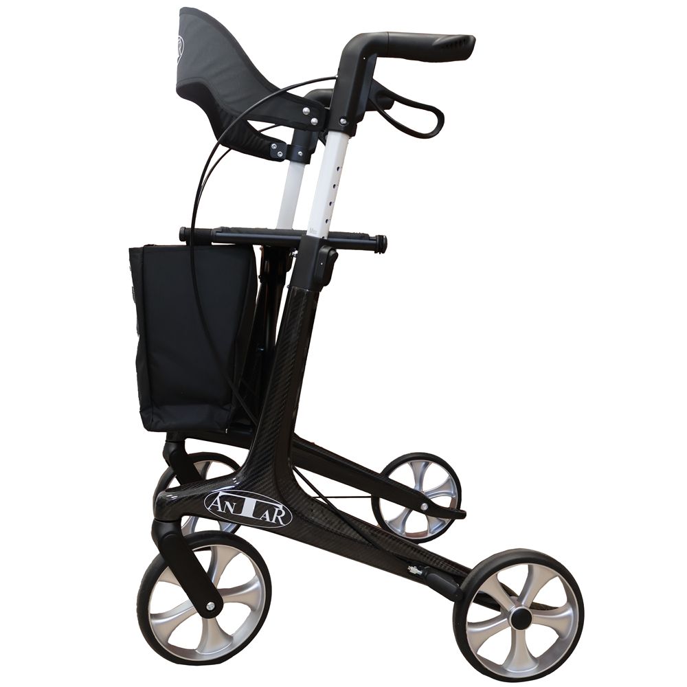 Leichter Rollator aus Carbonfaser mit Sitz, Griffen und schwarzer Tasche.