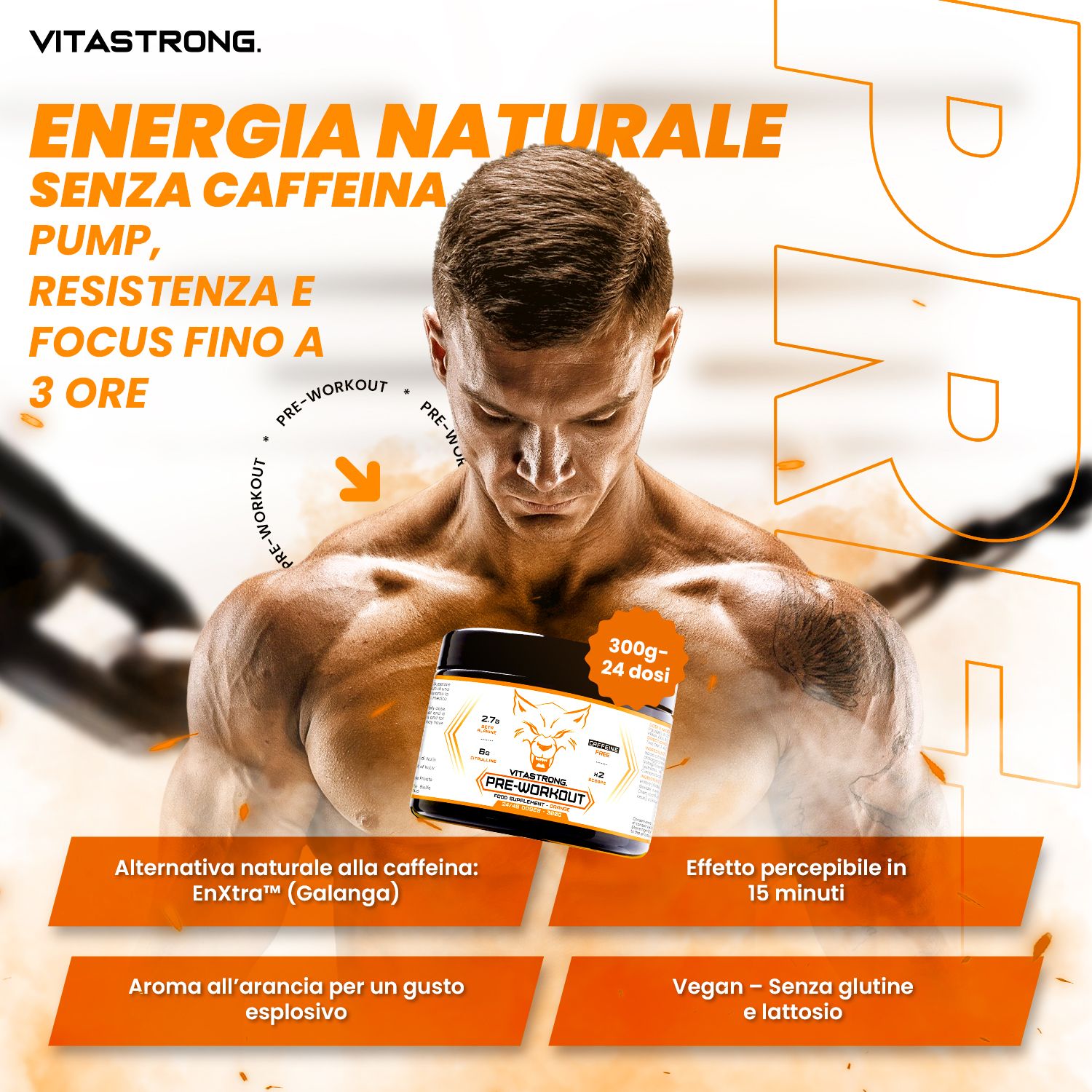 Schwarzes Produktglas mit weißem Etikett. Text: Energia Naturale, Senza Caffeina, Pre-Workout. Mann mit Muskeln im Hintergrund.