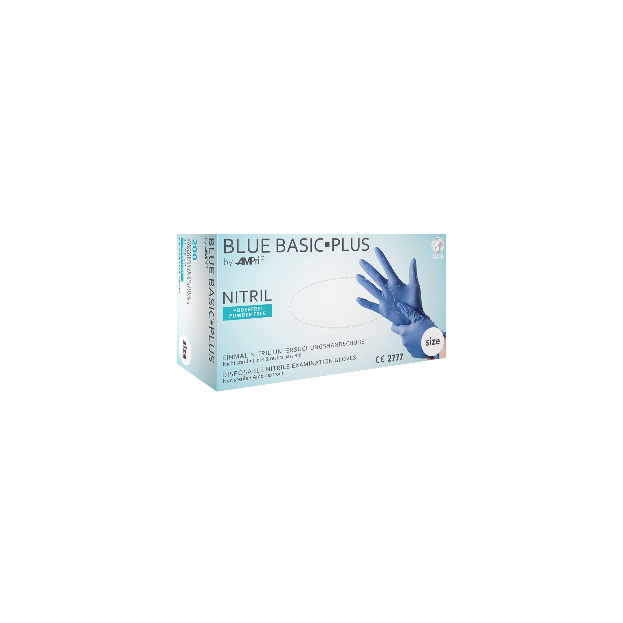 Kartonverpackung für blaue Nitril-Untersuchungshandschuhe mit Abbildung eines Handschuhs.
