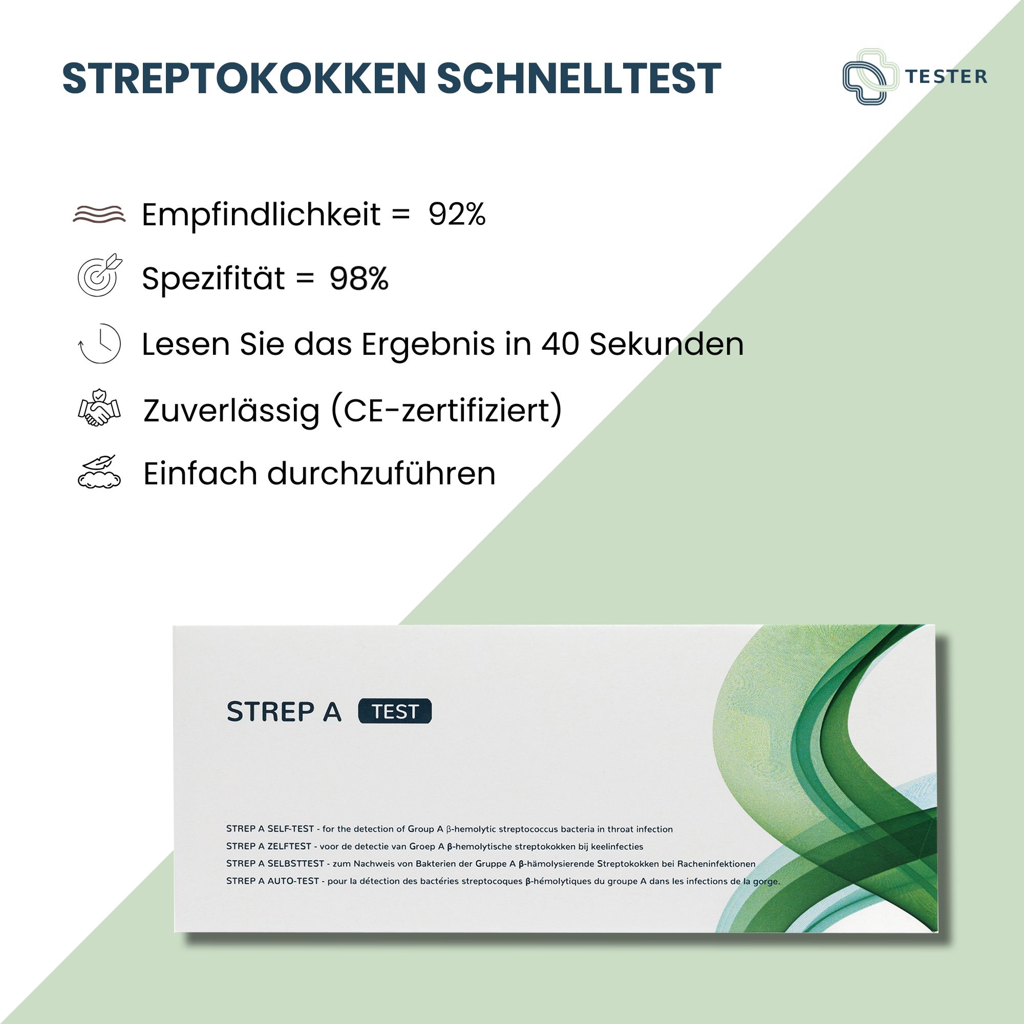 Text auf weißem Hintergrund: STREPTOKOKKEN SCHNELLTEST, Empfindlichkeit 92%, Spezifität 98%, Ergebnis in 40 Sekunden, CE-zertifiziert, einfach.