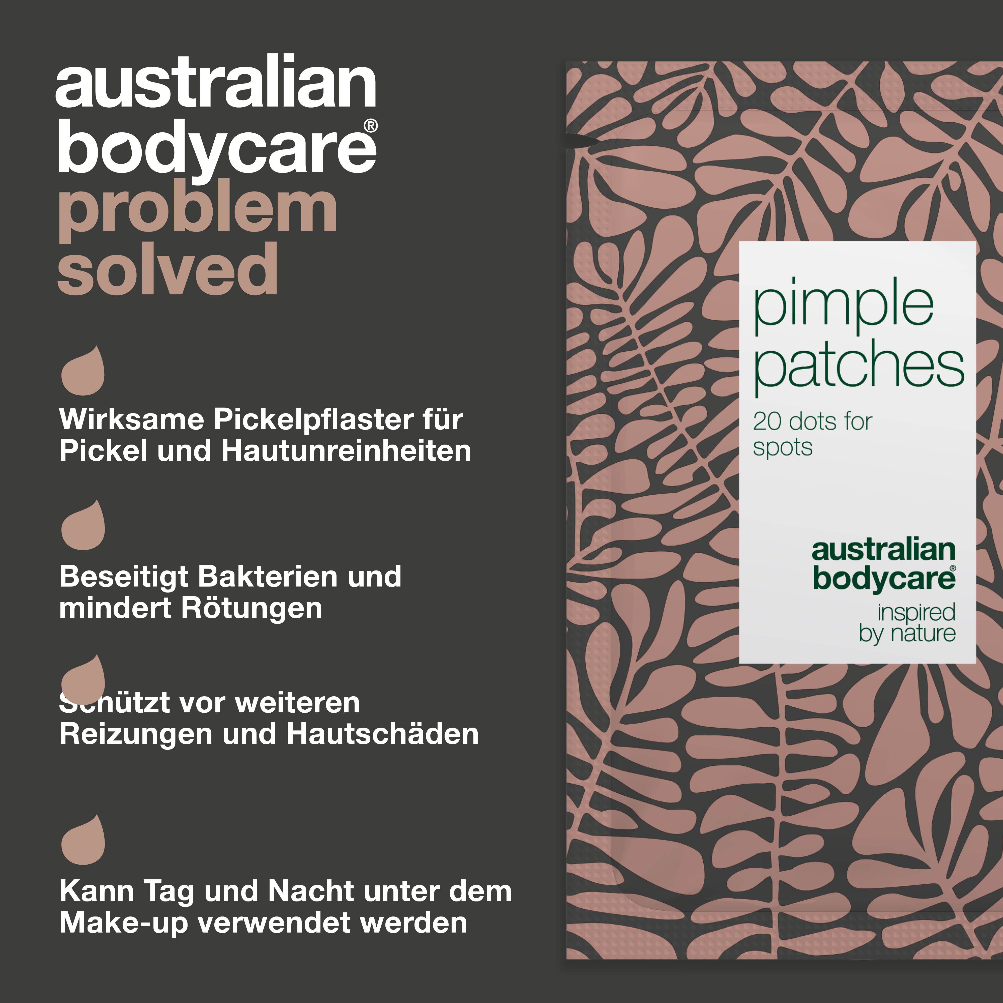 Werbebild mit Pimple Patches. Text: Australian Bodycare, Pimple Patches, 20 dots for spots.