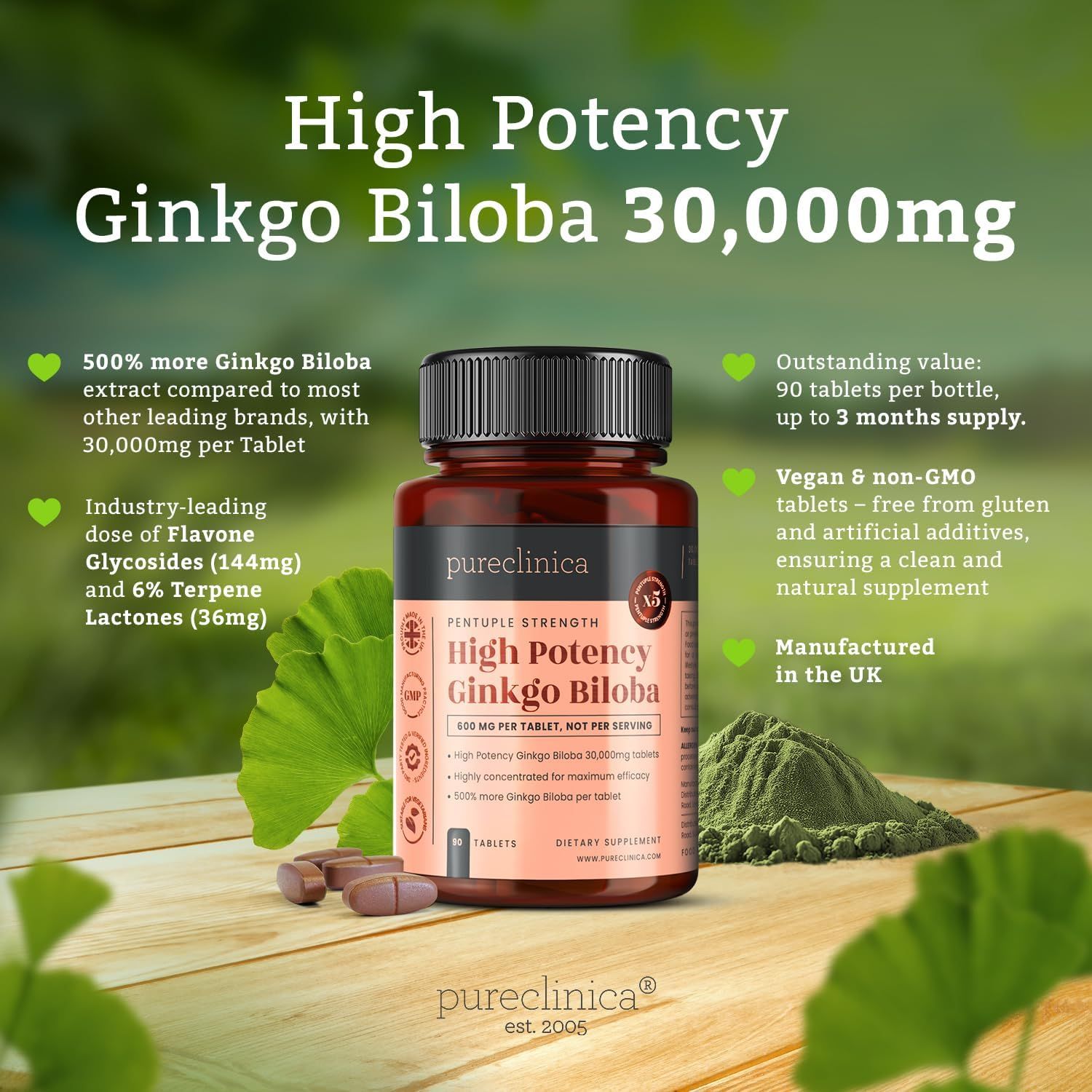 Ginkgo Biloba Tabletten in einer braunen Flasche. Text: High Potency, 30.000mg, 90 Tabletten, vegan, non-GMO. Grün umgebende Blätter.