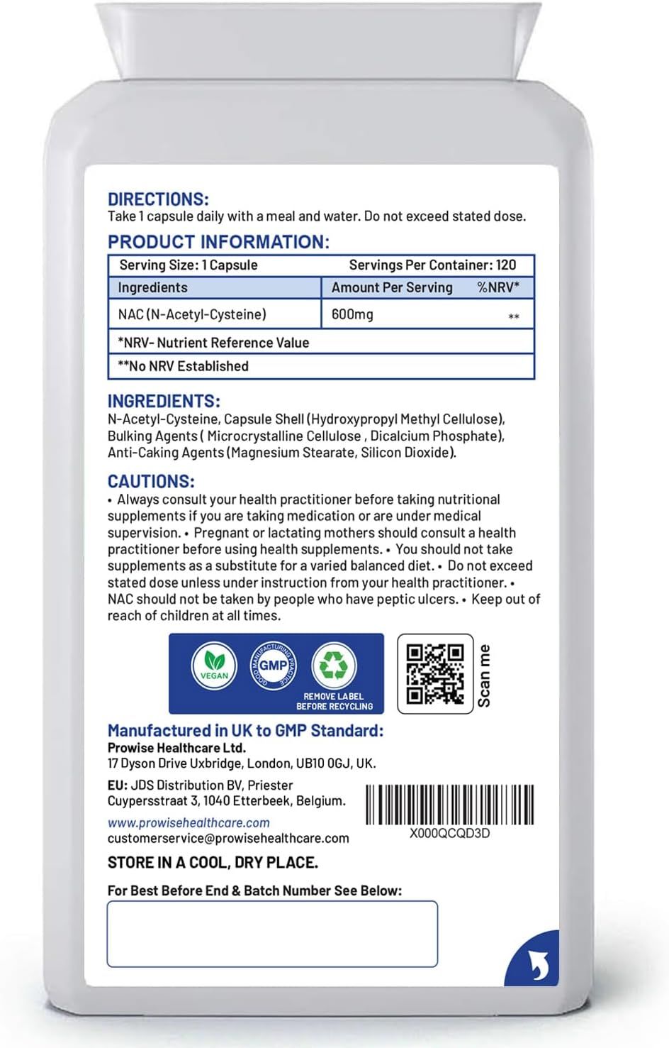 Rückseite der Prowise NAC Flasche. Enthält Informationen zu Inhaltsstoffen, Anwendung und Vorsichtsmaßnahmen. Mit QR-Code.