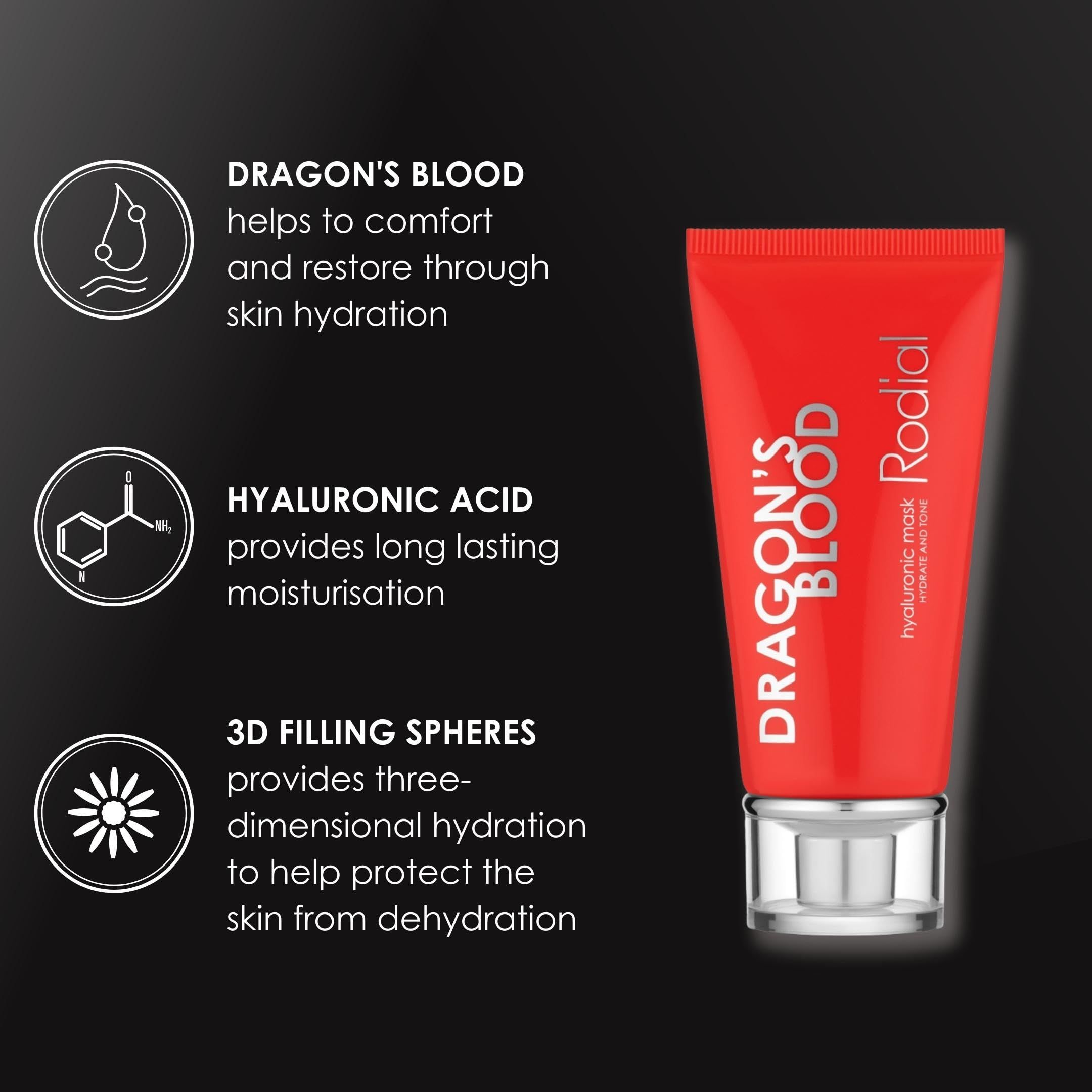 Rote Tube mit silbernem Verschluss. Aufschrift: DRAGON'S BLOOD, Rodial. Produktname: Hyaluronic Mask. Text neben Icons.