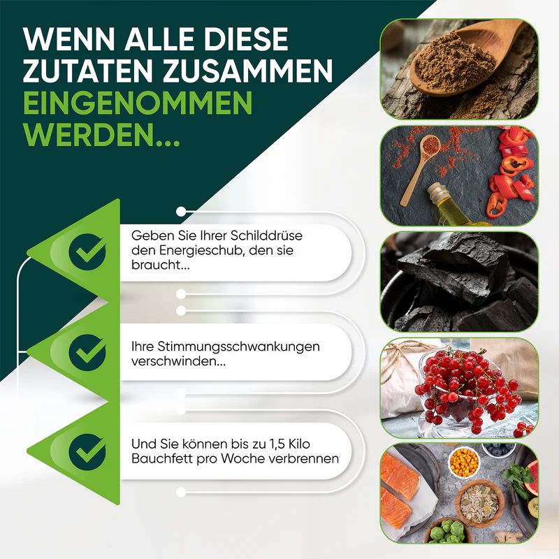 Zutaten für Schilddrüsenunterstützung: Gewürze, Öl, Algen, Beeren, Fisch.