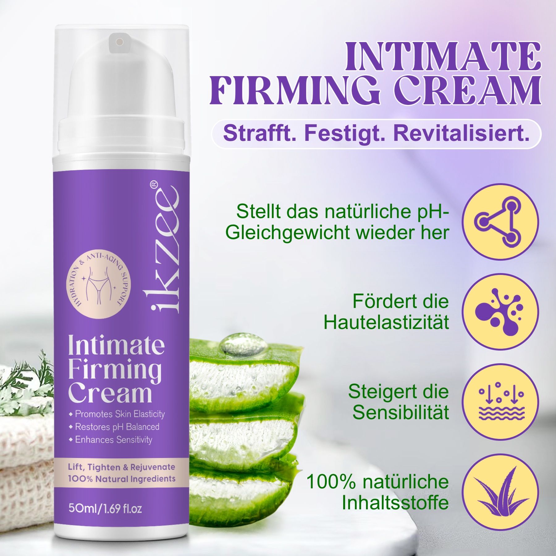 Flasche Intimcreme, lila-weiß, mit Produktnamen und Logo. Aloe Vera und Icons. Aufschrift: Intimate Firming Cream. 50ml/1.69 fl.oz.
