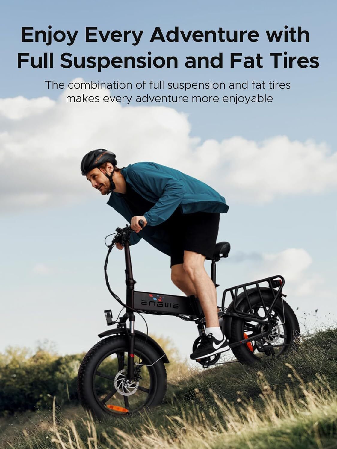 Mann fährt auf einem schwarzen E-Bike mit breiten Reifen. Text: Enjoy Every Adventure with Full Suspension and Fat Tires.
