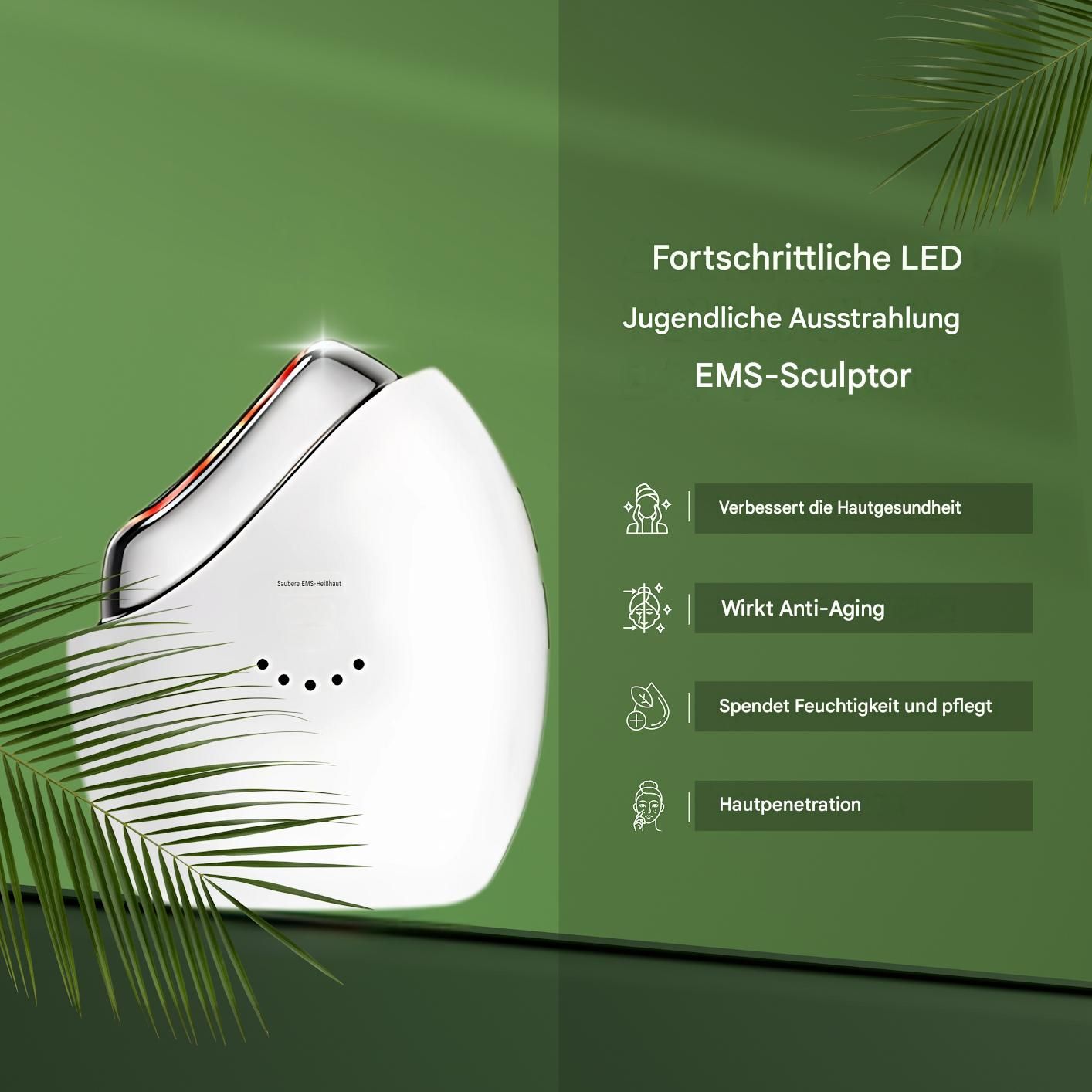 Weißes EMS-Massagegerät mit silberner Spitze. Text hebt Vorteile hervor: Hautgesundheit, Anti-Aging.