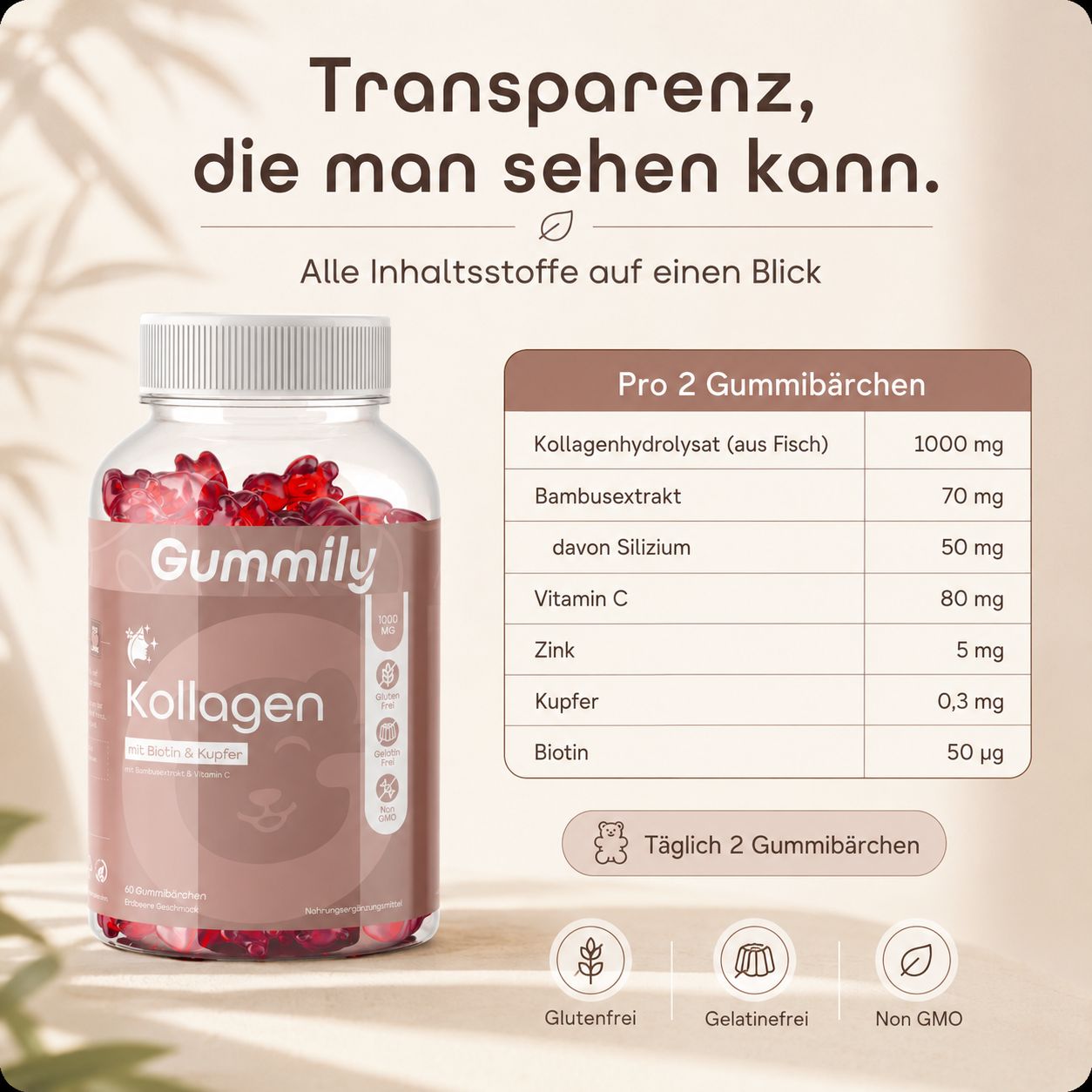 Gummily Kollagen Flasche mit Tabelle der Inhaltsstoffe pro 2 Gummibärchen und Qualitätsmerkmalen.