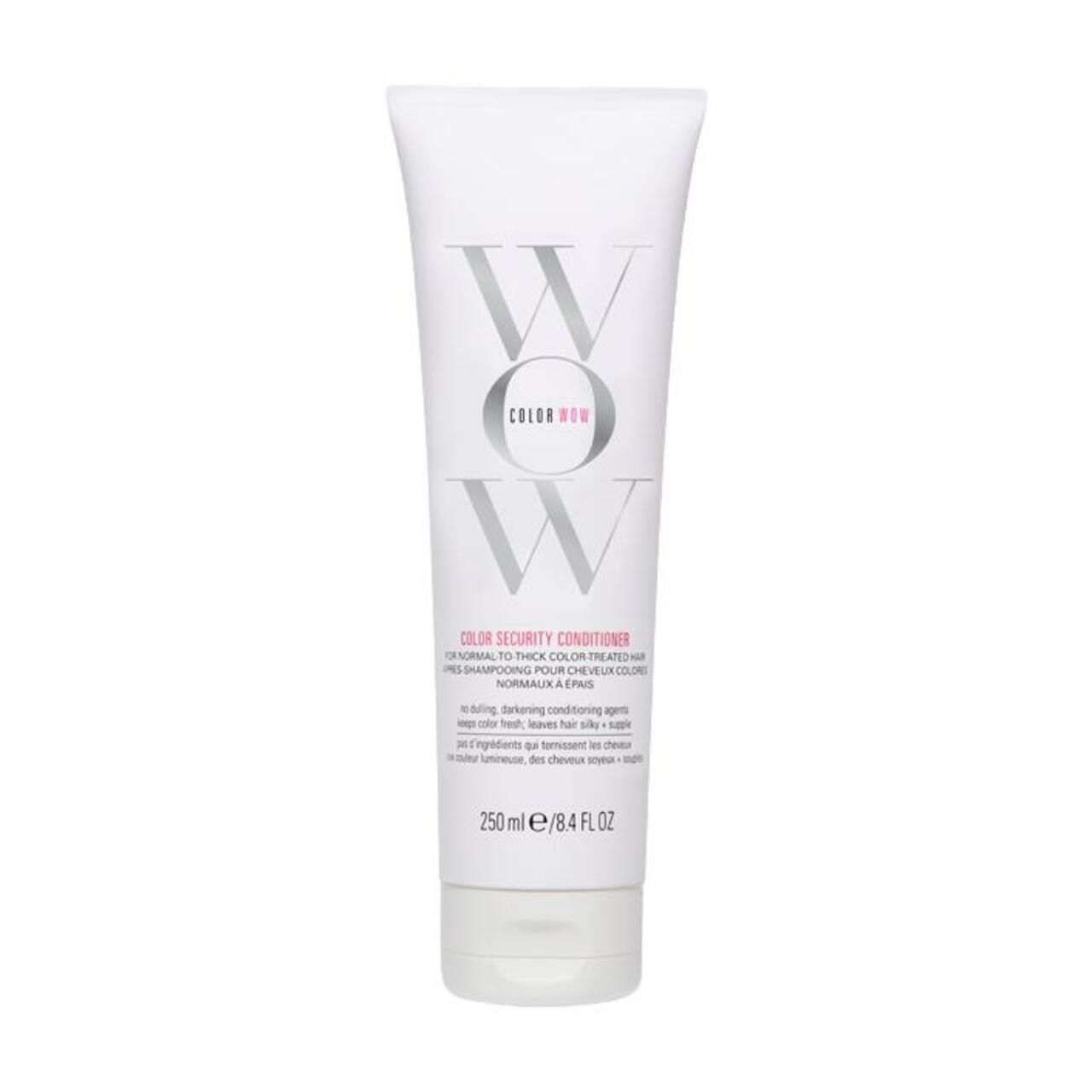 Weiße Tube mit Text. "WOW" und "Color Security Conditioner". 250ml. Rosa Akzente.