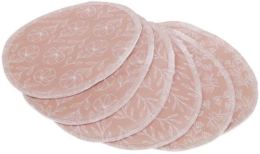 Rosa Stoff-Stilleinlagen mit floralem Muster. Mehrere Lagen, ovale Form, weißer Saum. Aufgereiht.