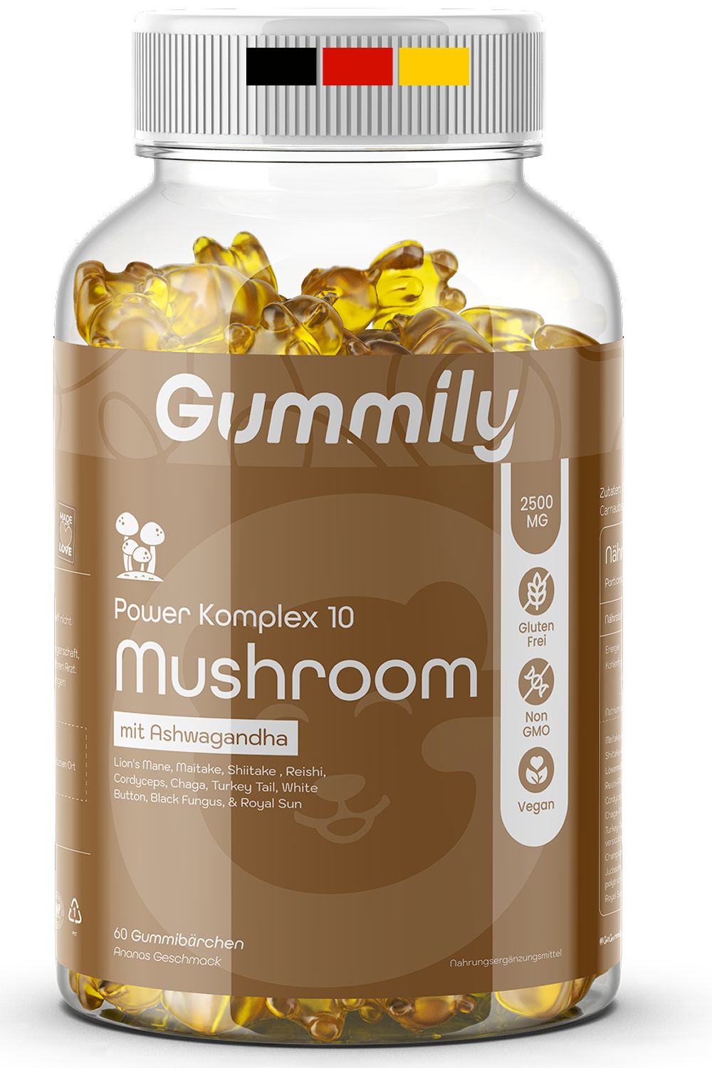 Klare Glasflasche mit Gummibärchen. Aufkleber mit "Gummily", "Power Komplex 10 Mushroom mit Ashwagandha". Glutenfrei, Non-GMO, Vegan.