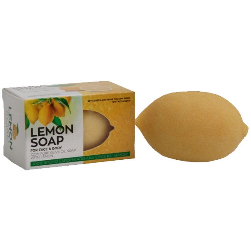 Zitronenförmige Seife neben Verpackung mit Aufschrift "Lemon Soap".