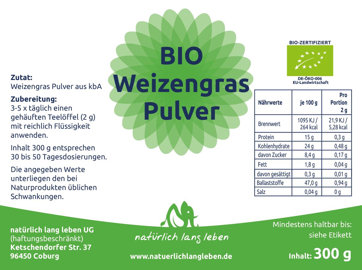 Rückseite einer BIO Weizengras Pulver Tüte mit Nährwertangaben, Zutaten und Bio-Siegel.
