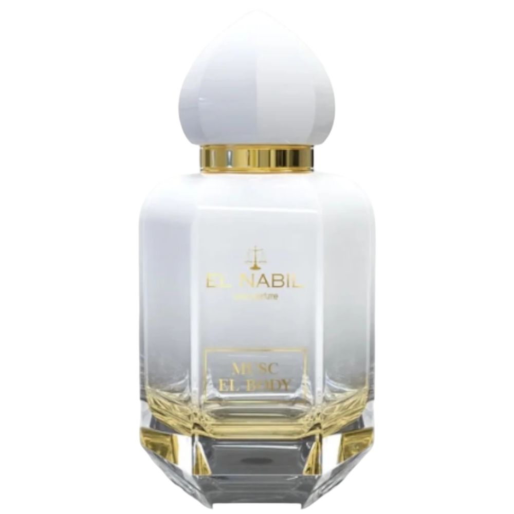 Weißes Parfümflakon mit goldfarbenen Details. Aufschrift: Musk El Body. Marke: El Nabil.