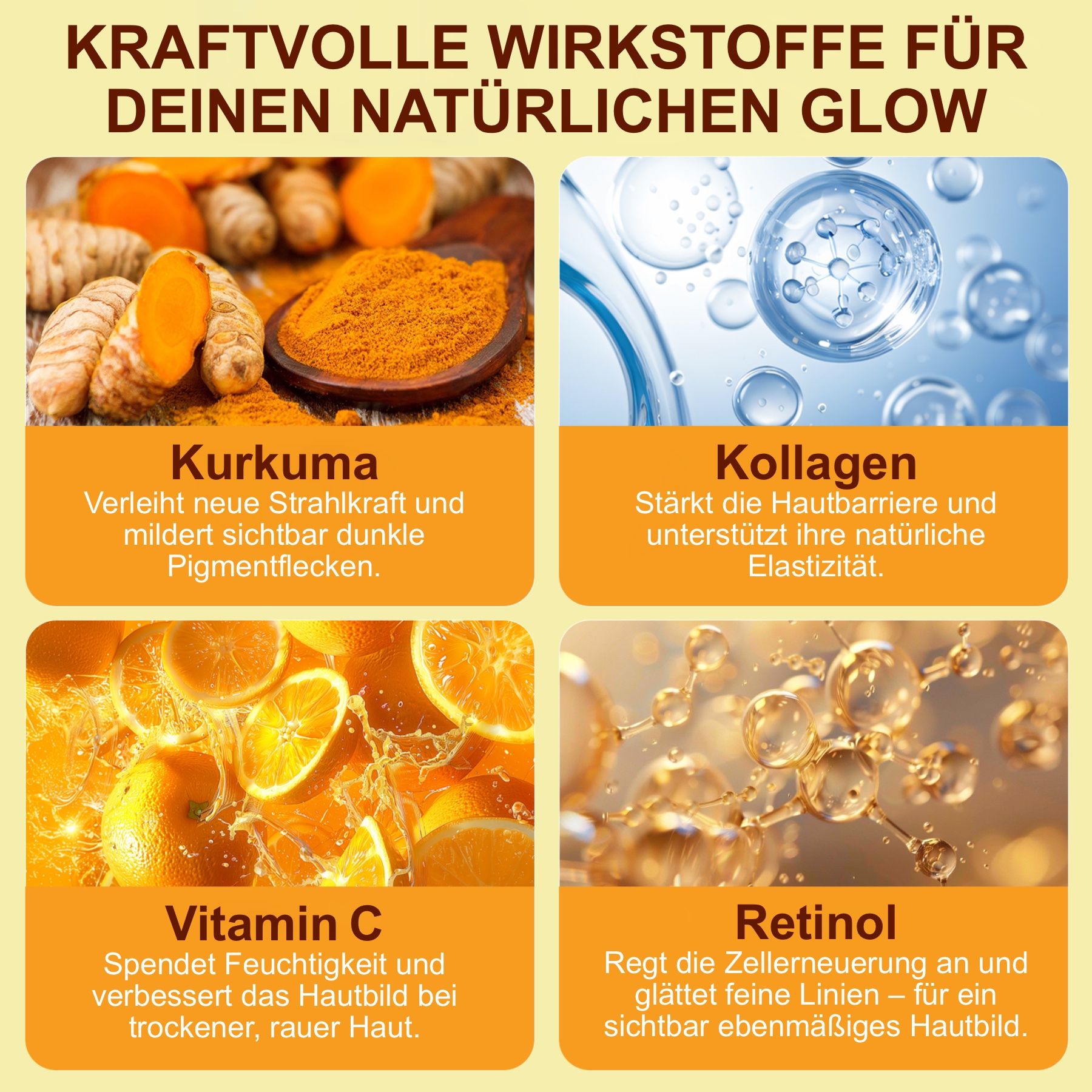 Grafik mit Inhaltsstoffen: Kurkuma, Kollagen, Vitamin C, Retinol. Verleiht Strahlkraft, stärkt Hautbarriere, spendet Feuchtigkeit, glättet Linien.