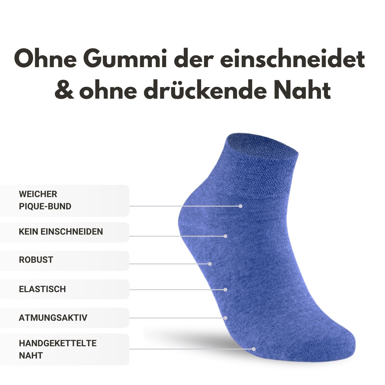 Diabetiker Quarter Socken mit Komfortbund ohne Gummi & ohne Naht für Damen und Herren