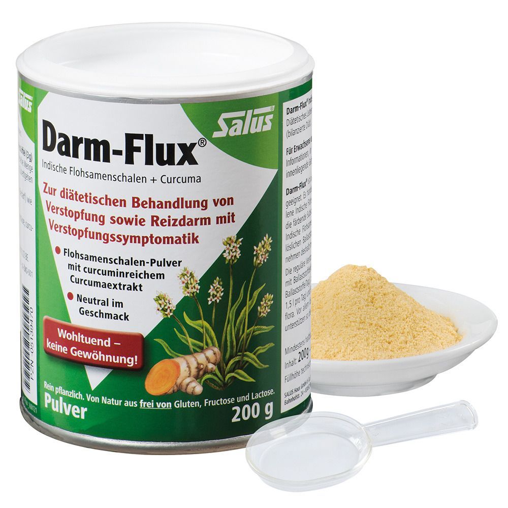 Salus® Darm-Flux® Dose, Pulver in Schale, Messlöffel. Dose mit Etikett, Pulver gelblich, Löffel transparent.