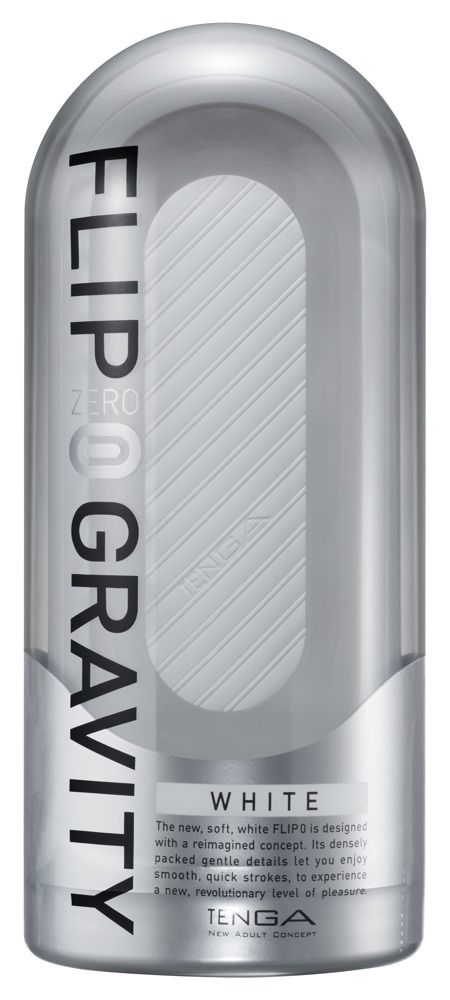Weißes, längliches Produkt mit Text. Aufschrift: FLIP ZERO GRAVITY WHITE. Marke TENGA.