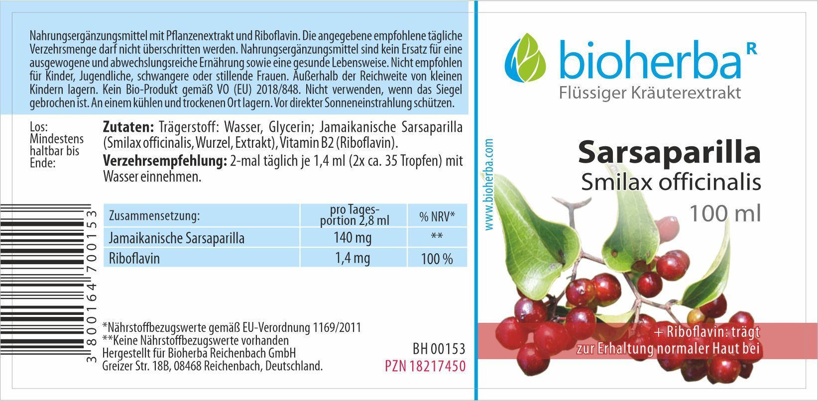 Etikett mit Produktinformationen. Text: Bioherba Sarsaparilla, Smilax officinalis, Zutaten, Verzehrempfehlung. Abbildung von roten Beeren und Blättern.