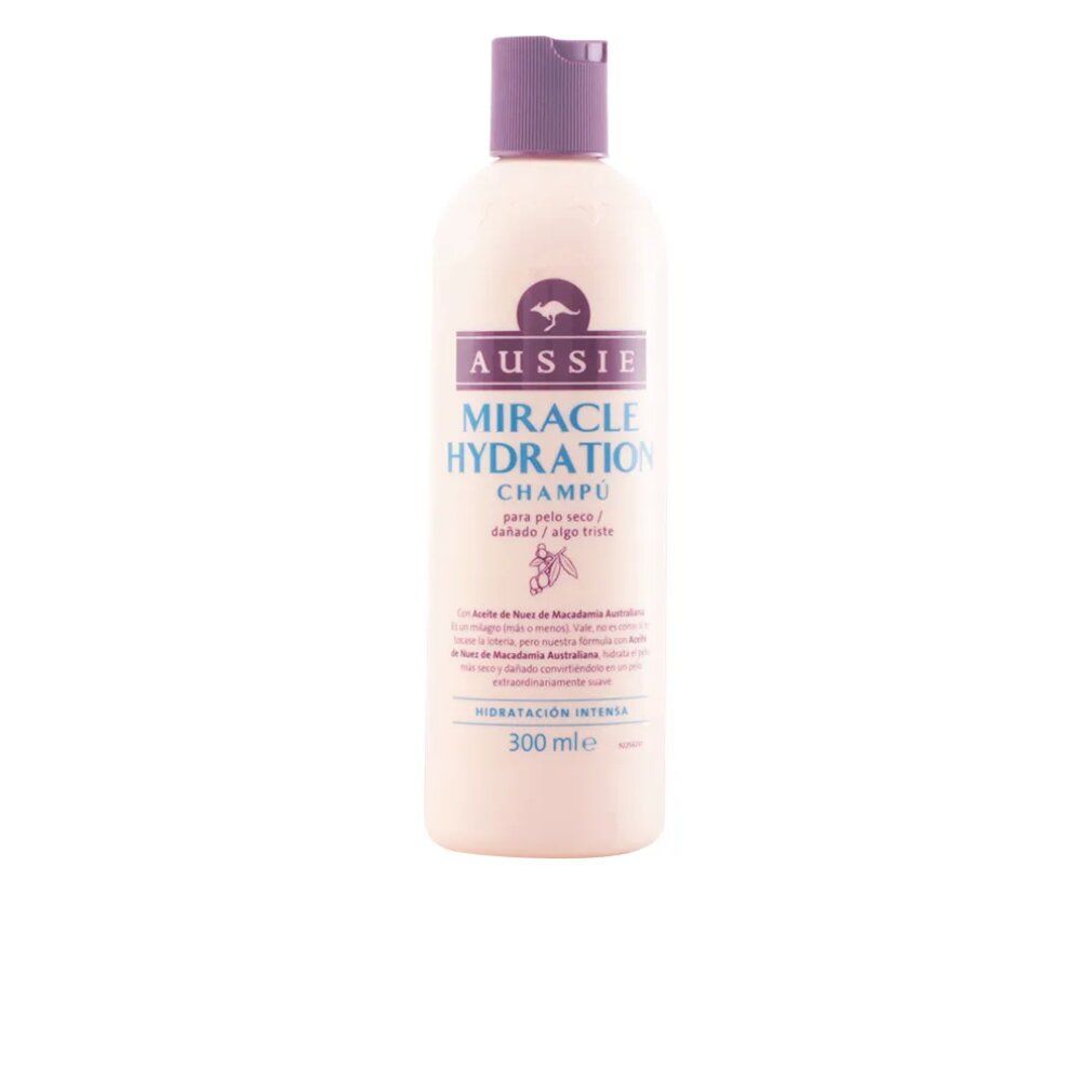 Beige Shampoo-Flasche mit lila Deckel. Aufschrift: Aussie Miracle Hydration Champú. 300 ml.