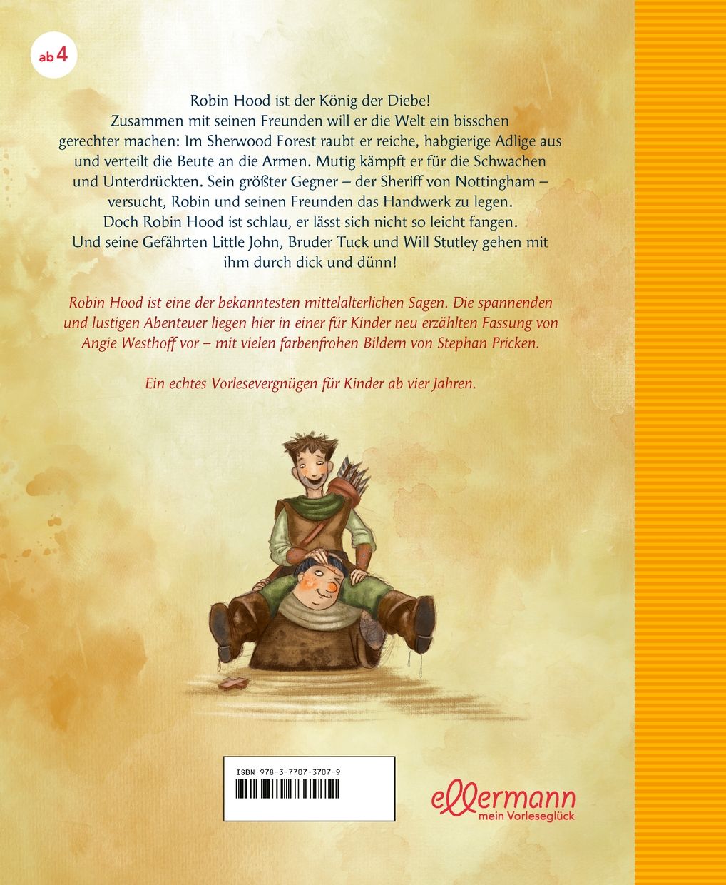 Buchrückseite: "Robin Hood" mit Illustrationen. Text und Logo des Ellermann-Verlags.