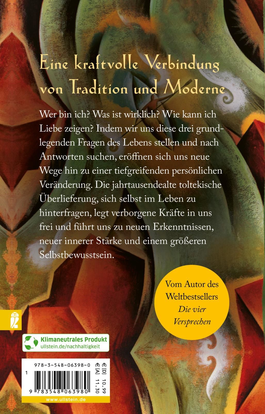 Buchrücken mit Text. Titel: "Die drei Fragen des Lebens". Autor: Don Miguel Ruiz. Gelber Aufkleber: "Die vier Versprechen".