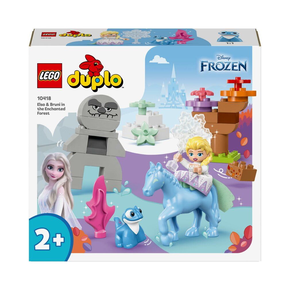 LEGO DUPLO Set. Enthält Elsa, Bruni, ein blaues Pferd, graue Felsen, Pflanzen und eine Verpackung mit dem Frozen-Logo.