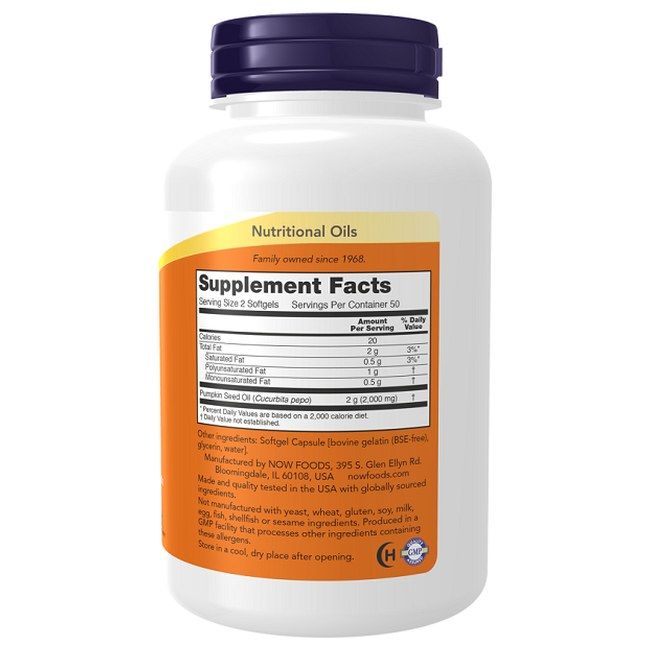 Rückseite der Now Foods Kürbiskernöl 1000 mg Weichkapseln. Zeigt Nährwertangaben und Inhaltsstoffe.