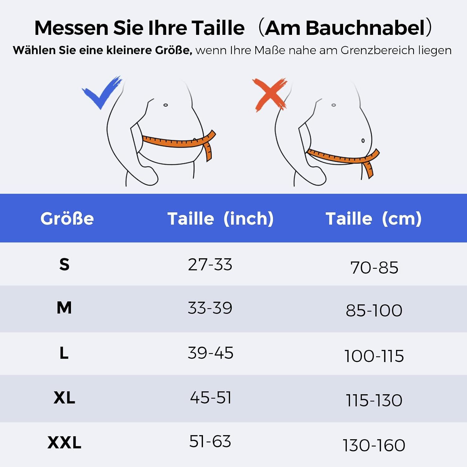 Größentabelle für Lendenwirbelstützgürtel mit Maßen in Zoll und Zentimetern.