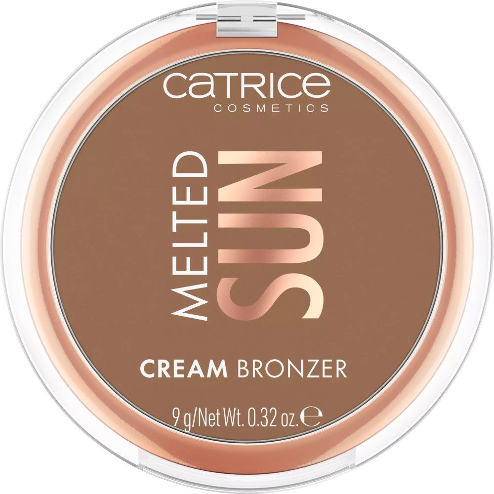 Runder, brauner Creme-Bronzer in einer transparenten Dose. Aufschrift: MELTED SUN, CREAM BRONZER, CATRICE COSMETICS.