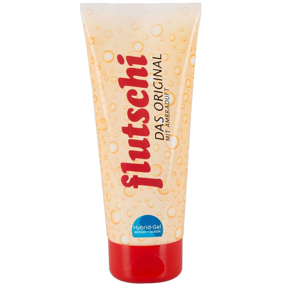 Tube mit rotem Deckel. Aufschrift: flutschi, DAS ORIGINAL, MIT AMBRADUFT. Hybrid-Gel.