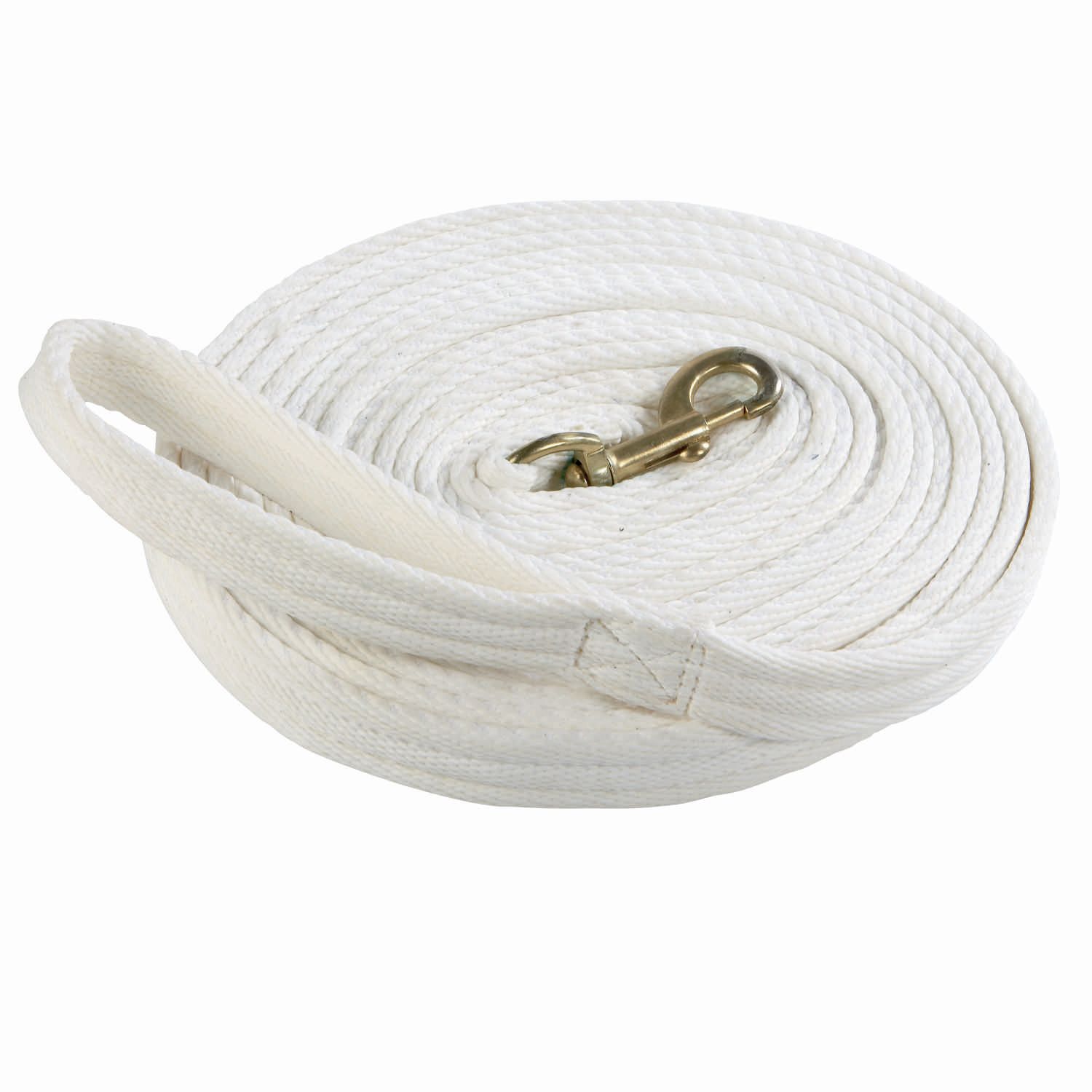 Weiße Longierleine, aufgerollt. Mit Karabinerhaken und Handschlaufe.