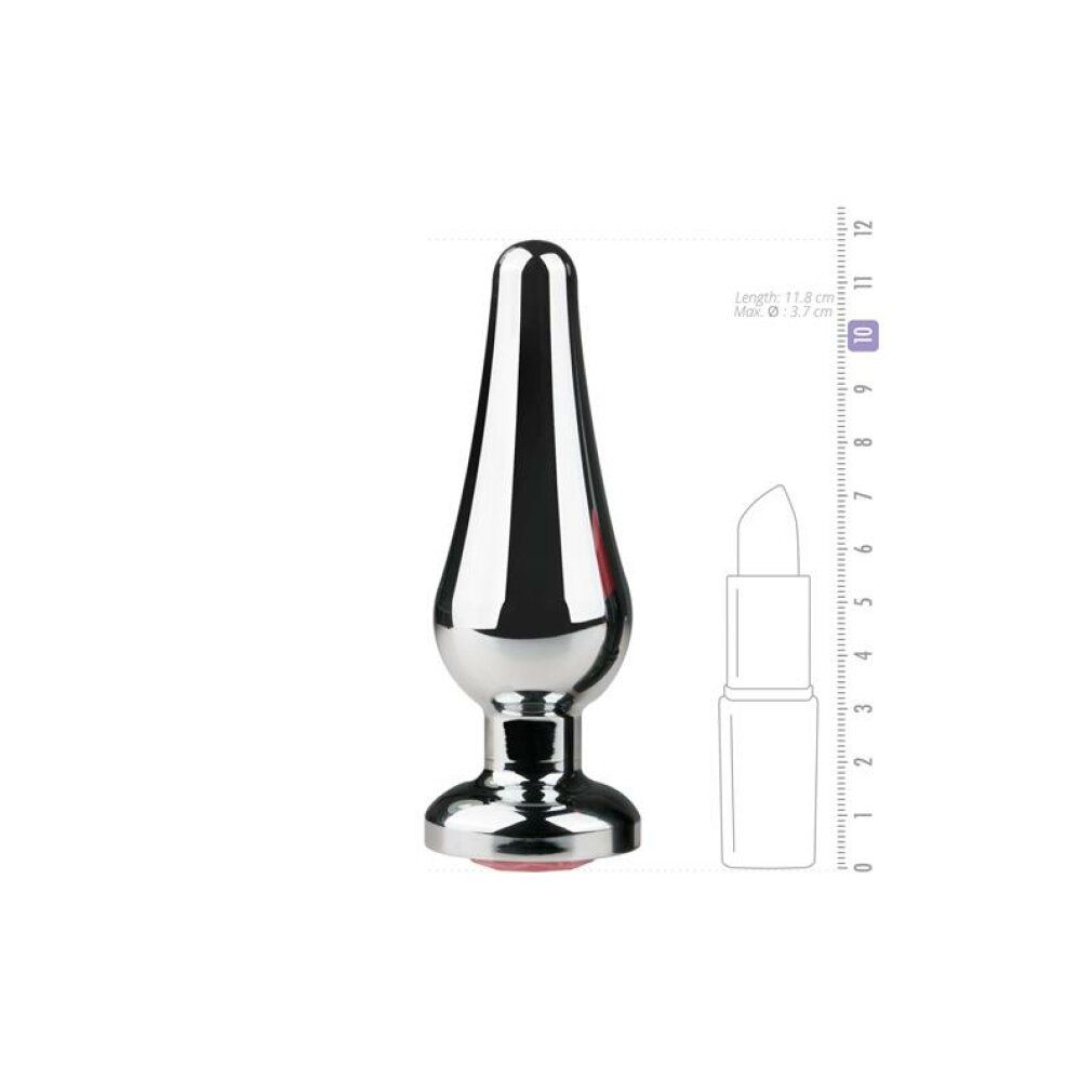 Kegelförmiger Analplug aus Metall. Silberfarben, mit rotem Zierstein. Maße: 11,8 cm lang, Ø 3,7 cm.